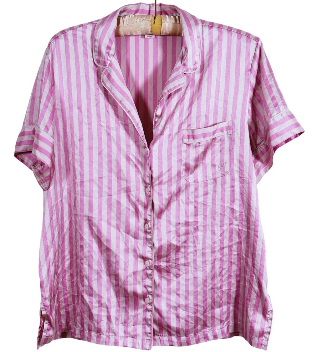 Victorias Secret Satin PJ Short Sleeve Top Medium Pink Iconic Stripe Sleepwear